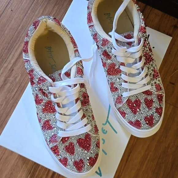 Betsey Johnson Silver Crystal Sneakers with Red Hearts - Picture 3 of 4
